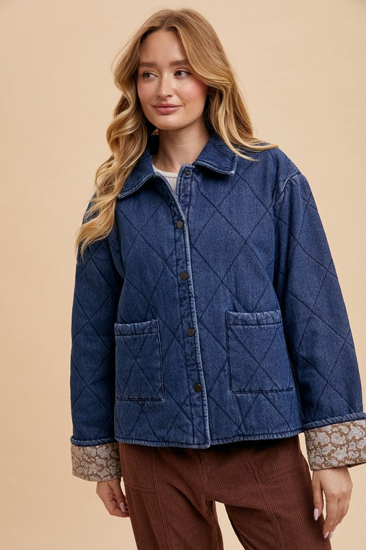 Trendsi Dark Blue / S Annie Wear Quilted Printed Lining Snap Down Denim Jacket