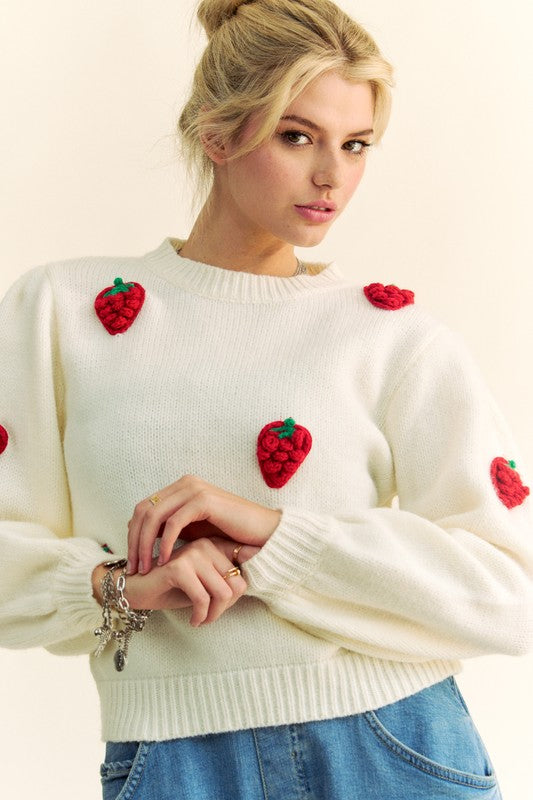 Trendsi Davi & Dani Crochet Strawberry Round Neck Sweater