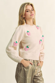 Trendsi Davi & Dani Crochet Strawberry Round Neck Sweater