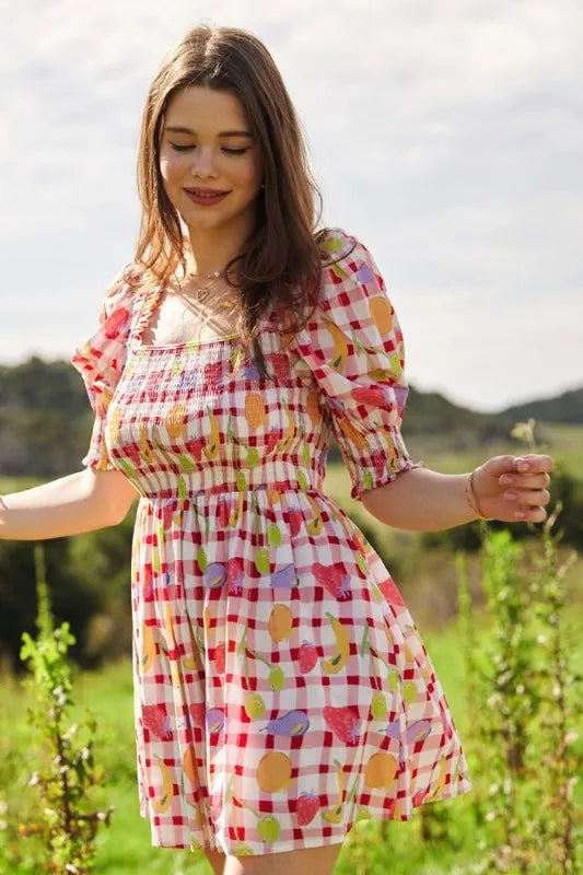 Trendsi Davi & Dani Fruits Printed Smocking Mini Dress