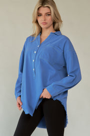 Trendsi Davi & Dani Letter Back Raw Hem Half Button Shirt