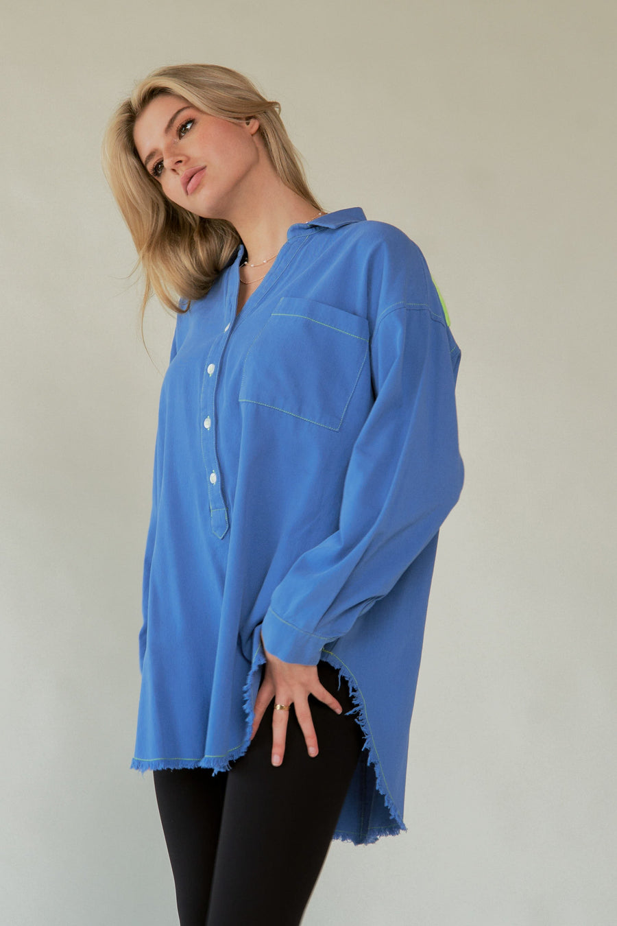 Trendsi Davi & Dani Letter Back Raw Hem Half Button Shirt