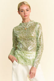 Trendsi Davi & Dani Sequin Mock Neck Long Sleeve Mesh Top