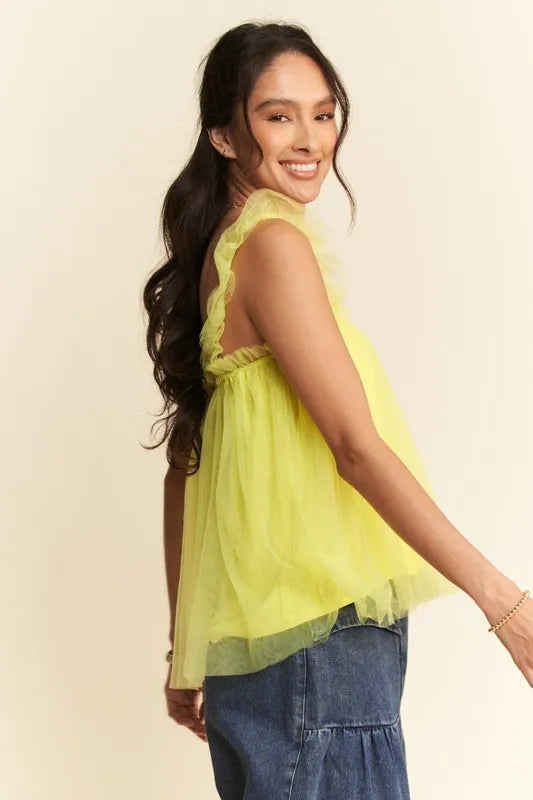 Trendsi Davi & Dani Shirred Ruffle Strap Tulle Babydoll Top
