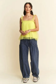 Trendsi Davi & Dani Shirred Ruffle Strap Tulle Babydoll Top