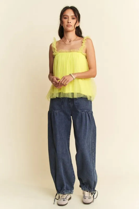 Trendsi Davi & Dani Shirred Ruffle Strap Tulle Babydoll Top