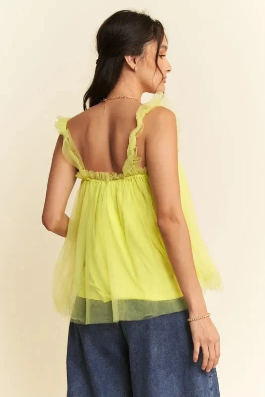 Trendsi Davi & Dani Shirred Ruffle Strap Tulle Babydoll Top