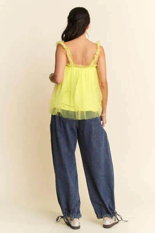 Trendsi Davi & Dani Shirred Ruffle Strap Tulle Babydoll Top
