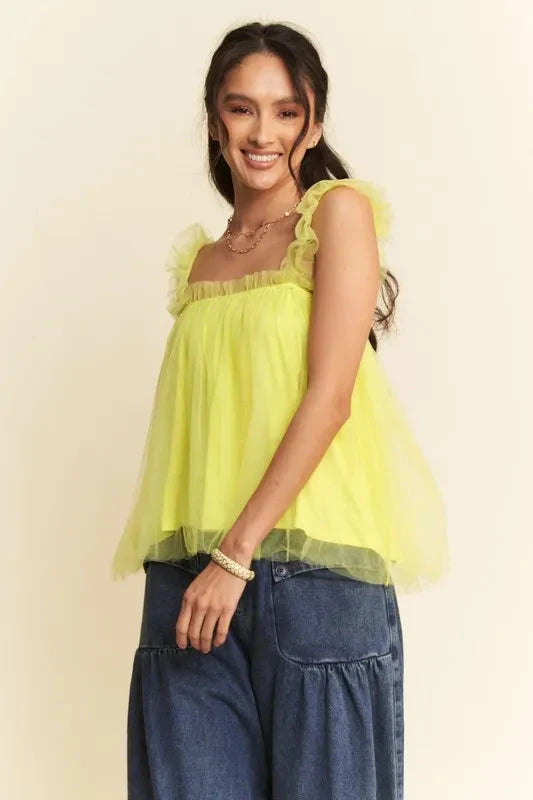 Trendsi Davi & Dani Shirred Ruffle Strap Tulle Babydoll Top