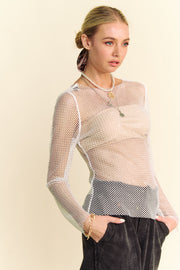 Trendsi Davi & Dani Sparkling Rhinestone Sheer Mesh Round Neck Top