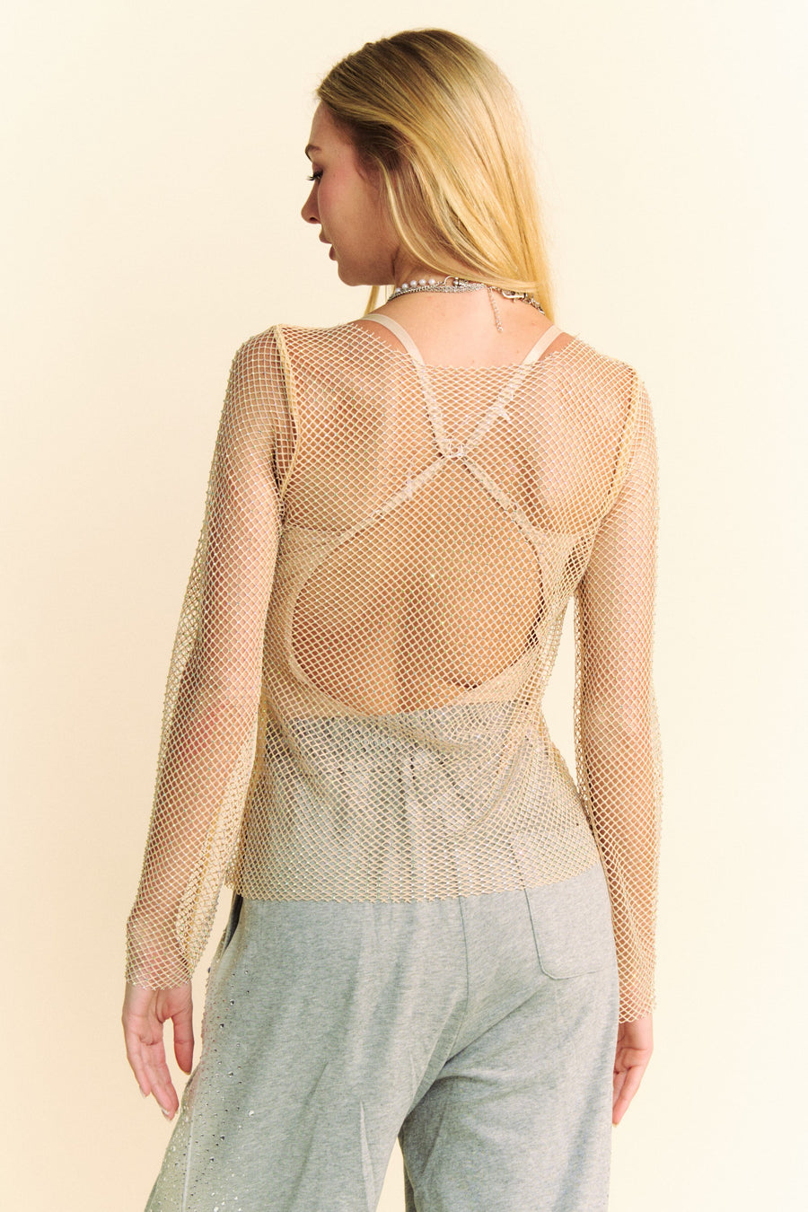 Trendsi Davi & Dani Sparkling Rhinestone Sheer Mesh Round Neck Top