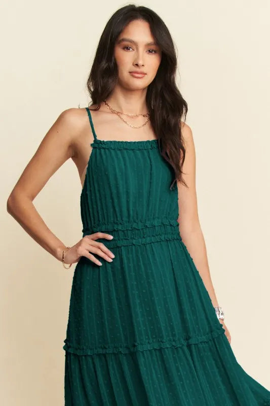 Trendsi Davi & Dani Texture Swiss Dot Ruffle Square Neck Midi Dress