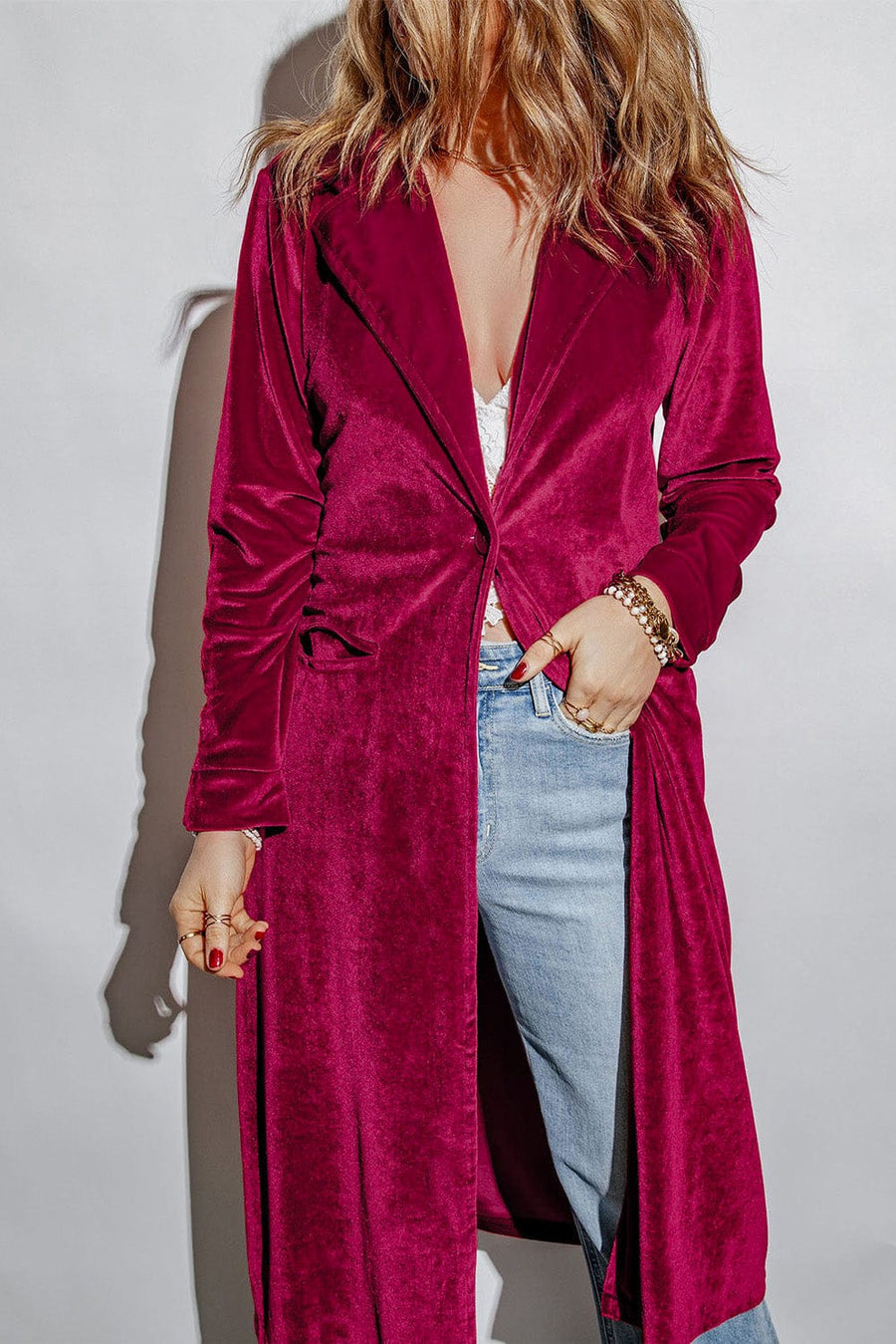 Trendsi Deep Rose / L Pre-Order Collared Neck Longline Velvet Cardigan with Pockets