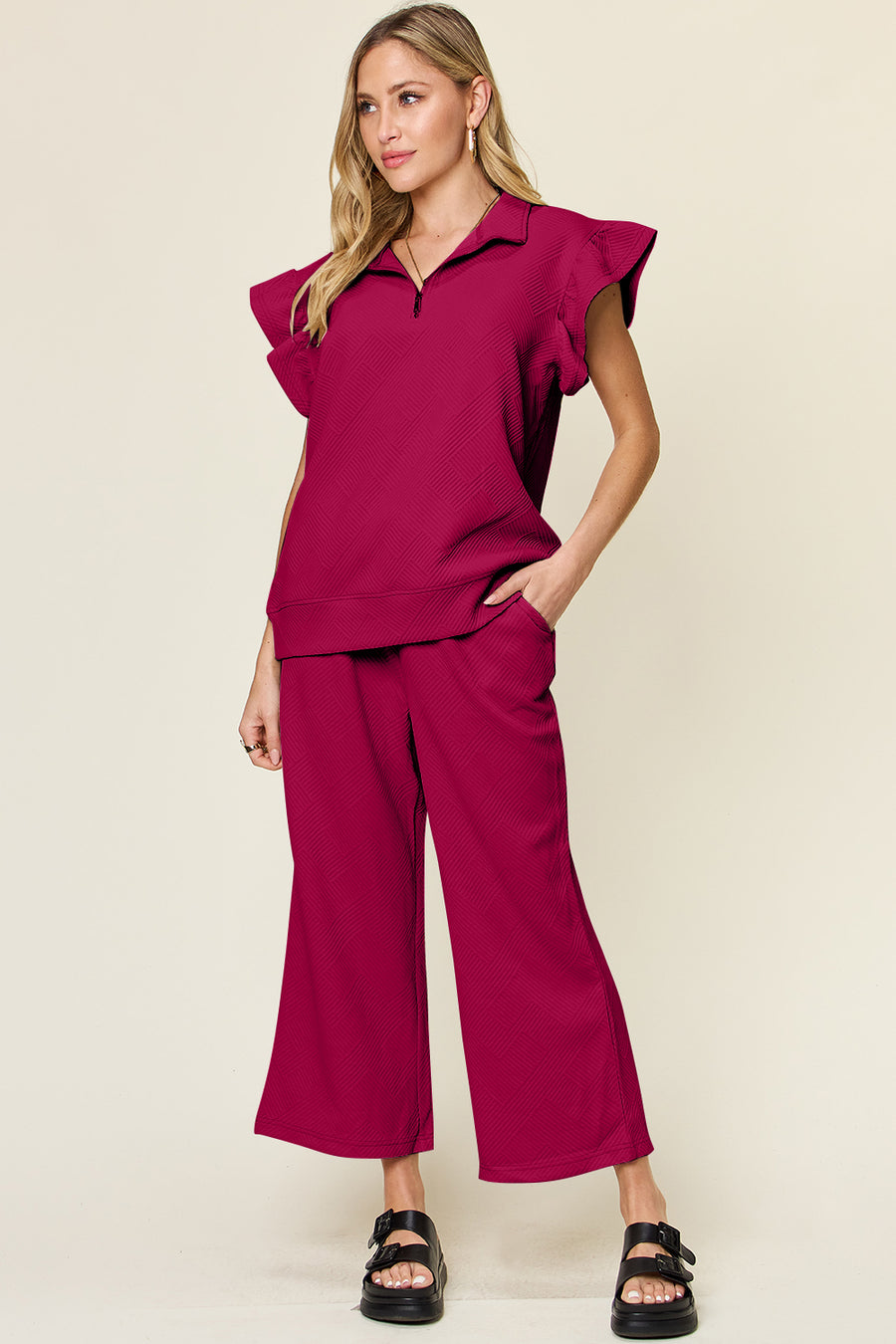 Trendsi Outfit Sets Deep Rose / S Double Take Texture Ruffle Short Sleeve Top and Drawstring Wide Leg Pants Set