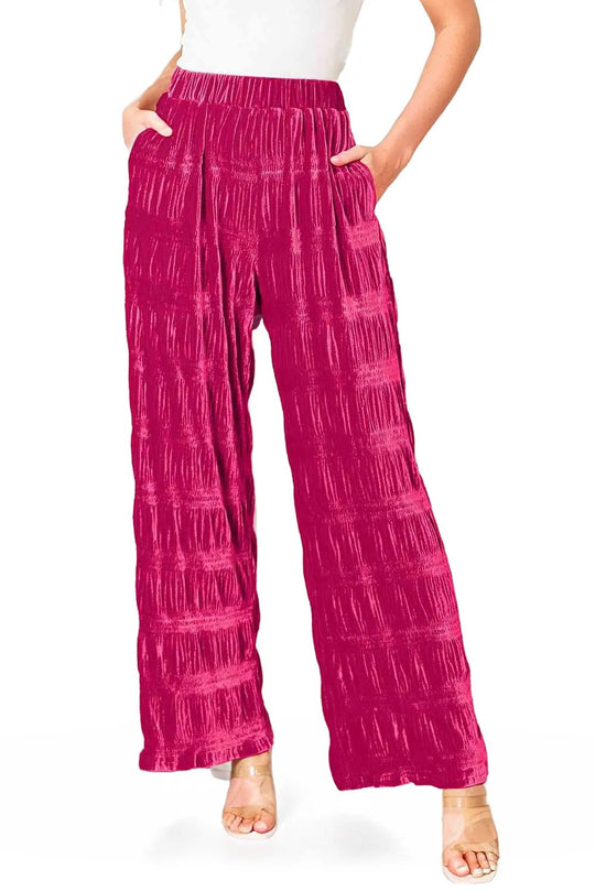 High Waist Tiered Shirring Velvet Wide Leg Pants