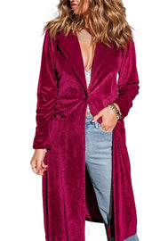 Trendsi Deep Rose / S Pre-Order Collared Neck Longline Velvet Cardigan with Pockets