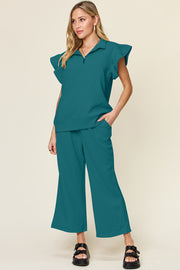 Trendsi Outfit Sets Deep Teal / S Double Take Texture Ruffle Short Sleeve Top and Drawstring Wide Leg Pants Set