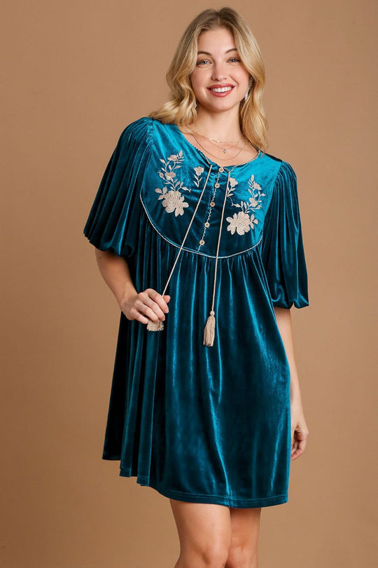 Trendsi Deep Teal / S Umgee Embroidered Half Sleeve Velvet Mini Dress with Tassel