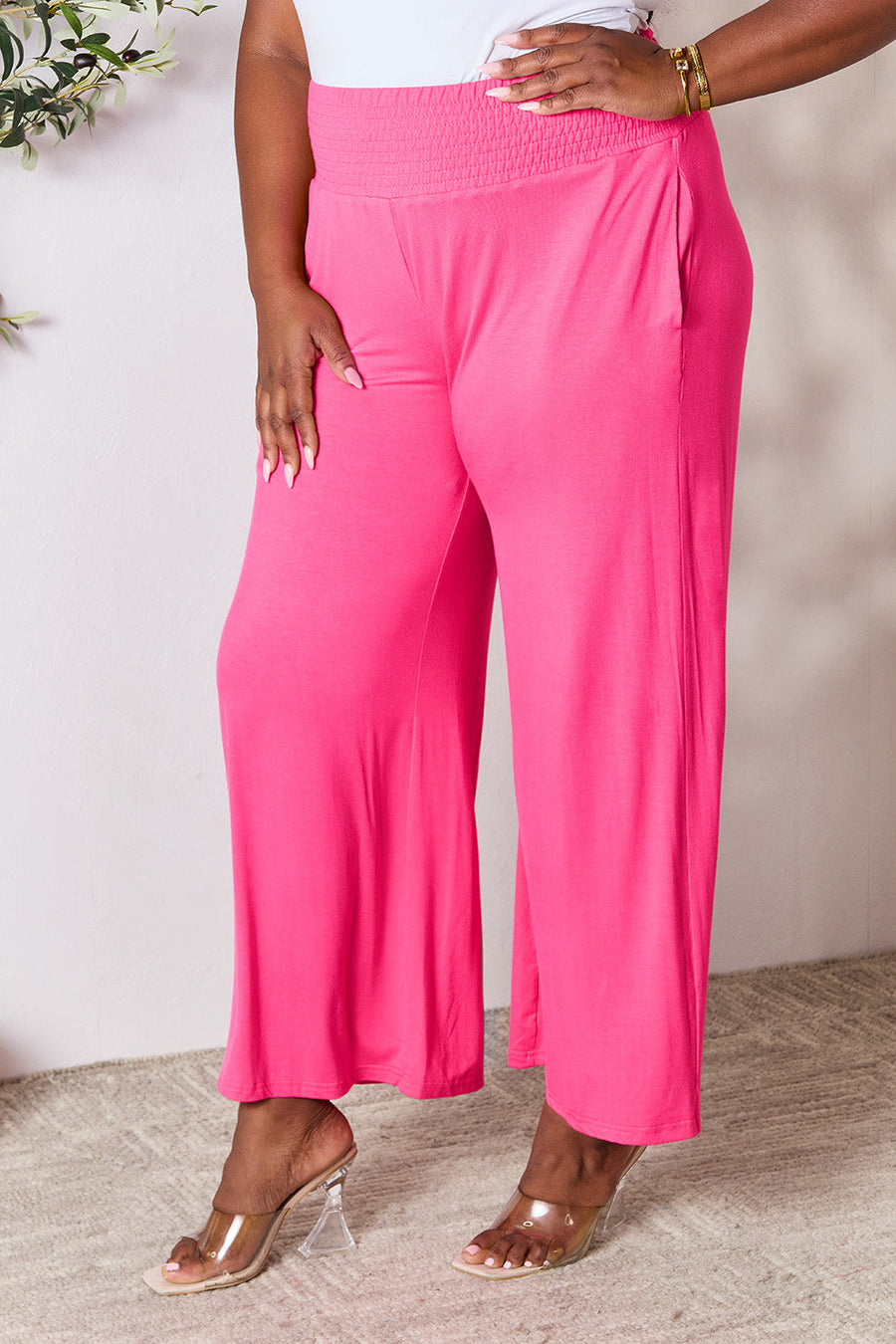 Trendsi Double Take Full Size Smocked Wide Waistband Wide Leg Pants