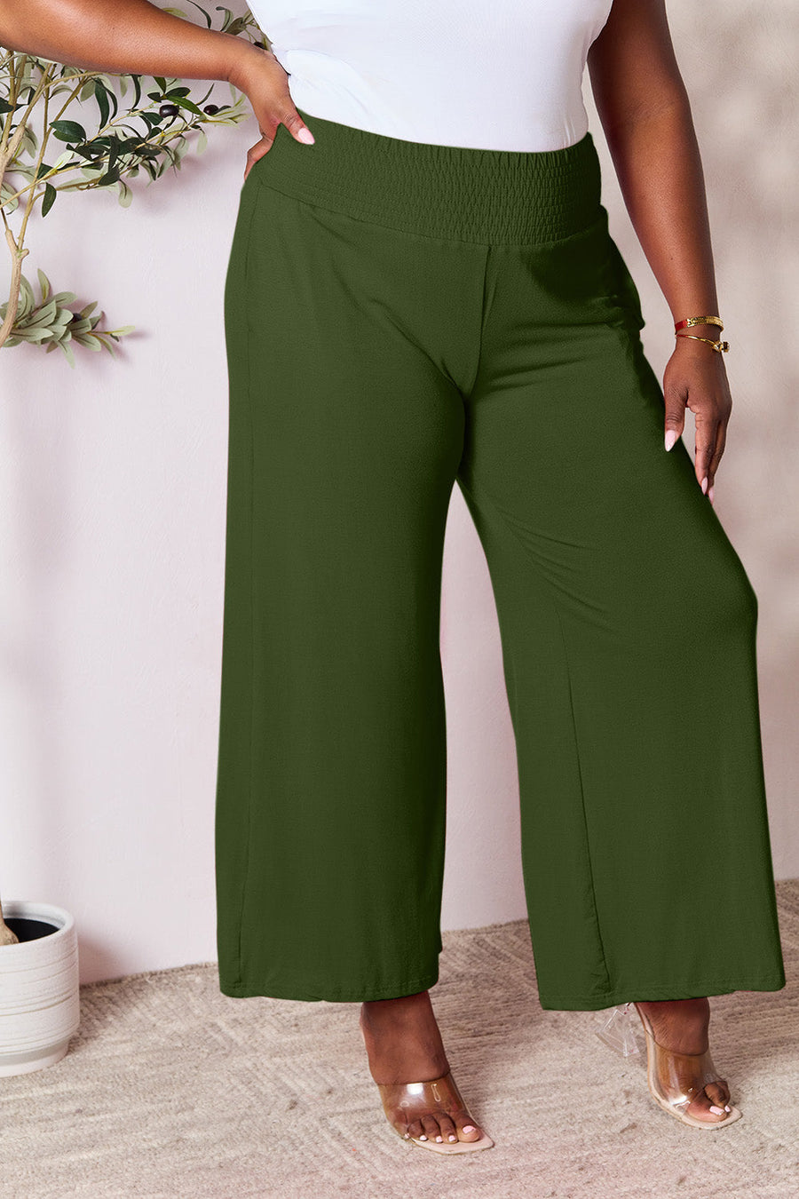 Trendsi Double Take Full Size Smocked Wide Waistband Wide Leg Pants