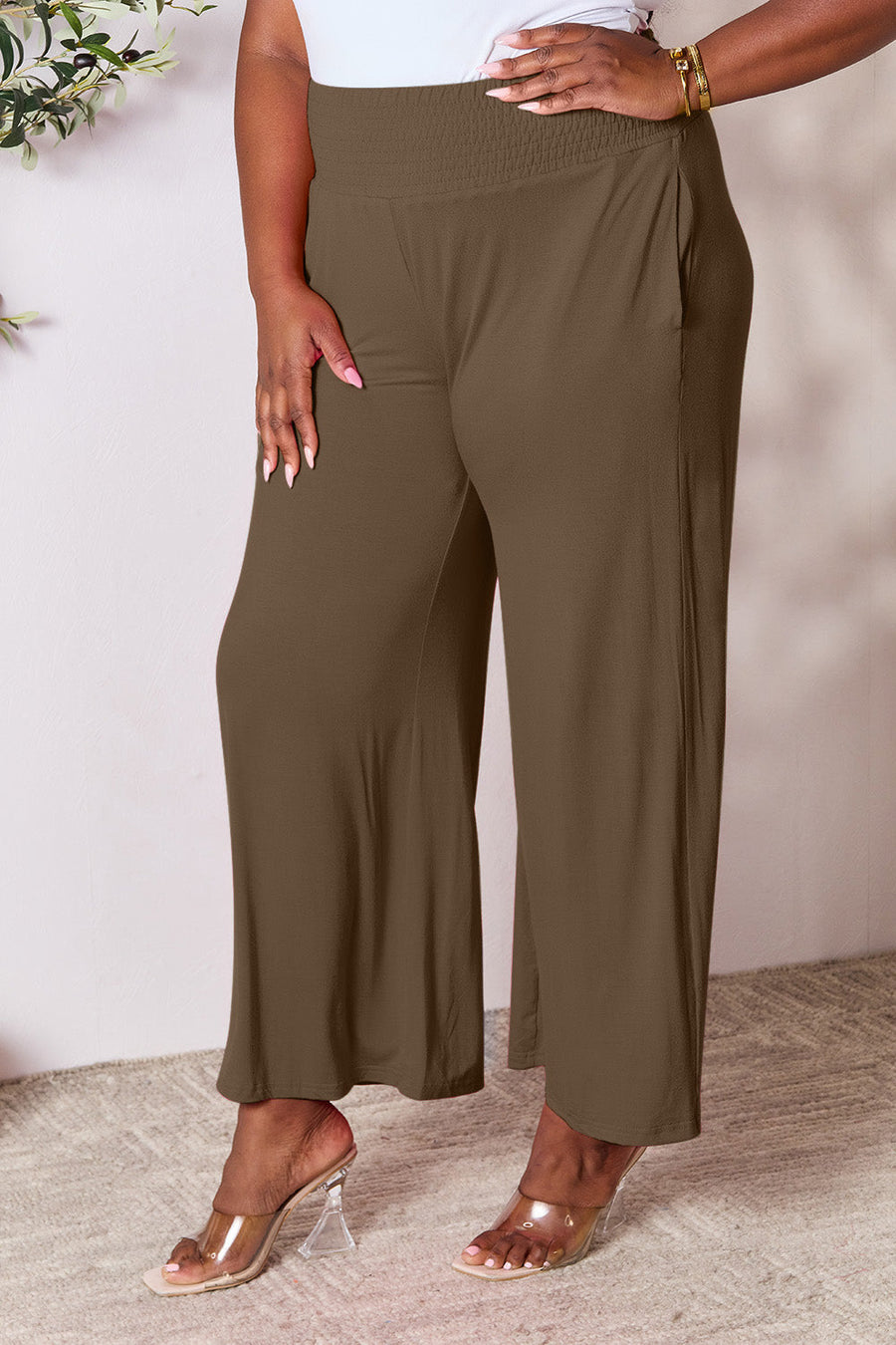 Trendsi Double Take Full Size Smocked Wide Waistband Wide Leg Pants