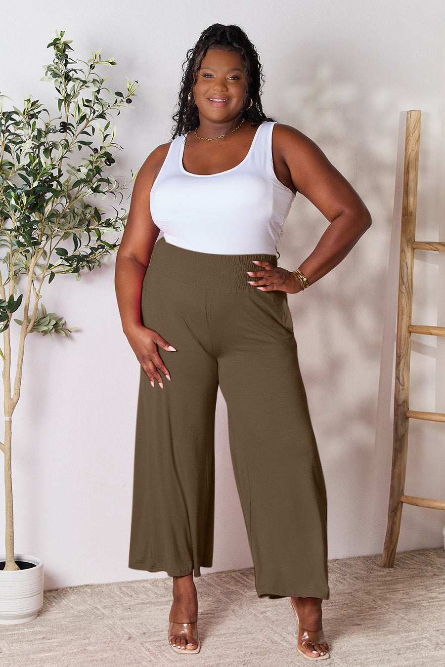 Trendsi Double Take Full Size Smocked Wide Waistband Wide Leg Pants