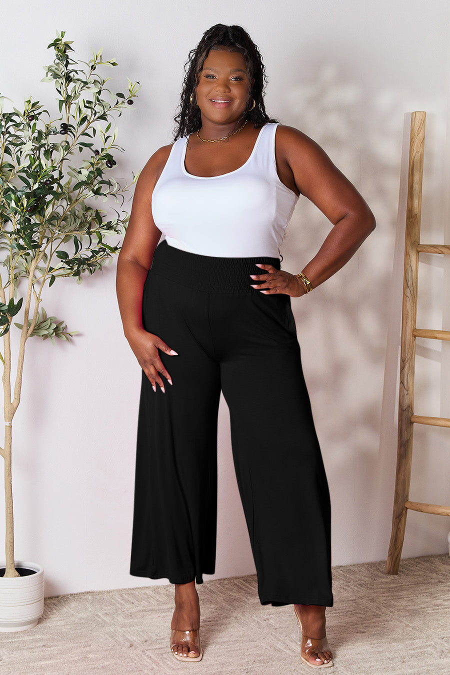 Trendsi Double Take Full Size Smocked Wide Waistband Wide Leg Pants