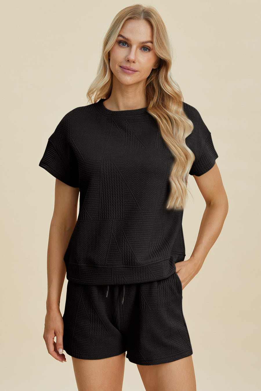 Trendsi Double Take Full Size Texture Short Sleeve Top and Shorts Set