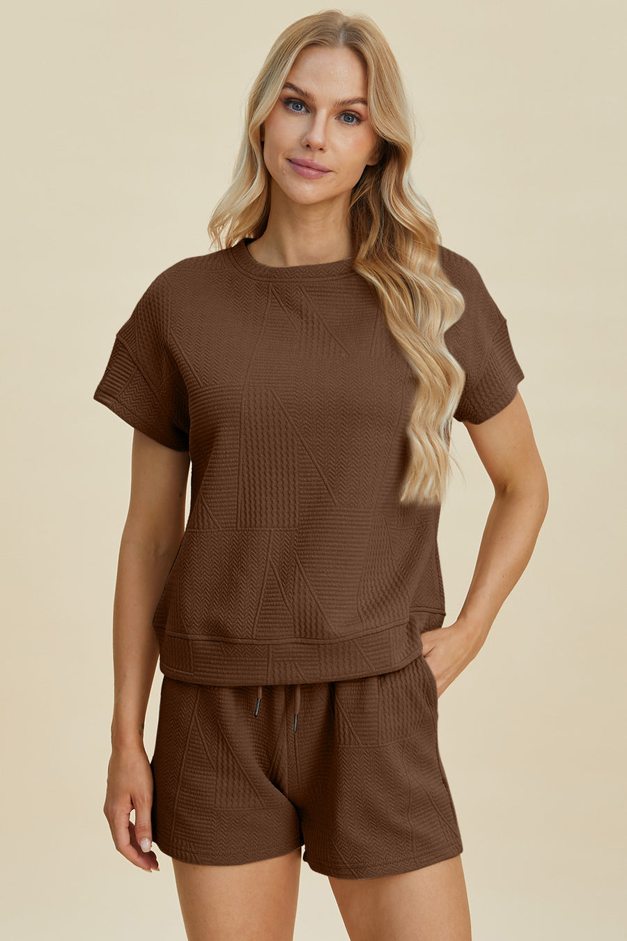 Trendsi Double Take Full Size Texture Short Sleeve Top and Shorts Set