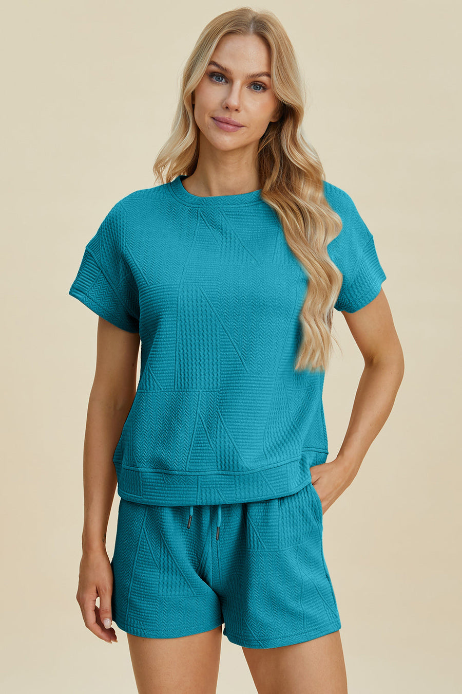 Trendsi Double Take Full Size Texture Short Sleeve Top and Shorts Set