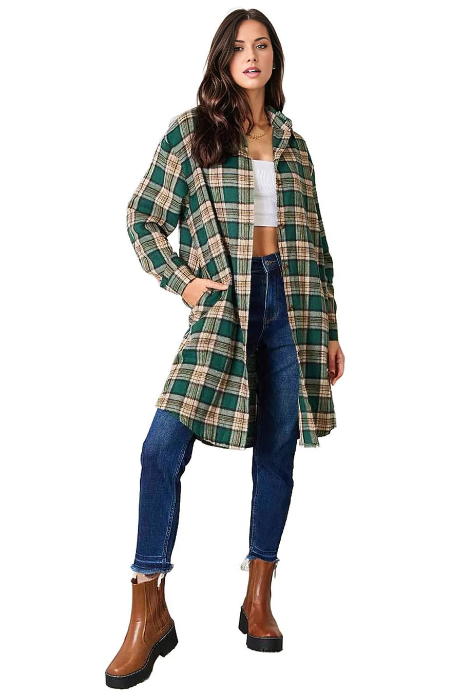 Double Take Plaid Collared Neck Long Sleeve Shirt