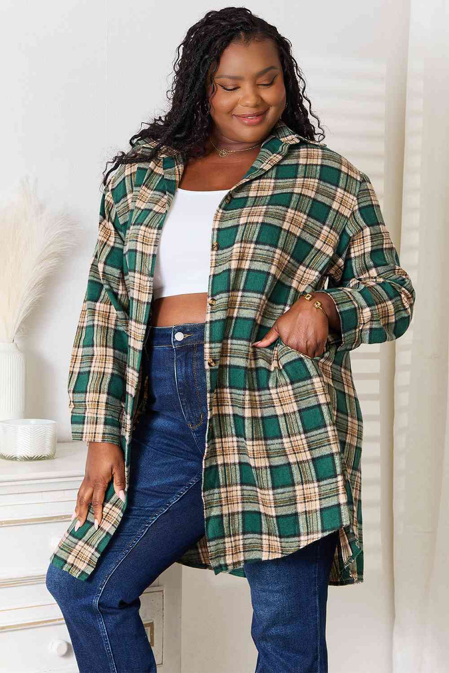 Trendsi Double Take Plaid Collared Neck Long Sleeve Shirt