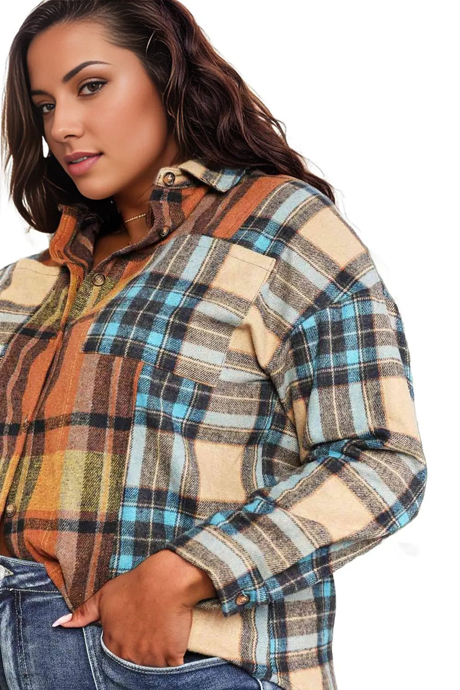 Double Take Plaid Curved Hem Shirt Jacket with Breast Pockets