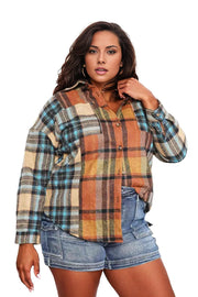 Double Take Plaid Curved Hem Shirt Jacket with Breast Pockets