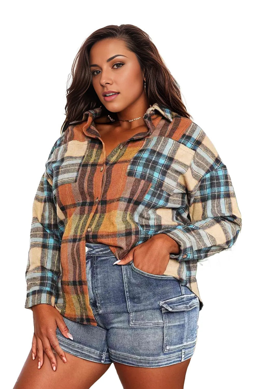 Double Take Plaid Curved Hem Shirt Jacket with Breast Pockets