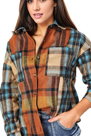 Double Take Plaid Curved Hem Shirt Jacket with Breast Pockets