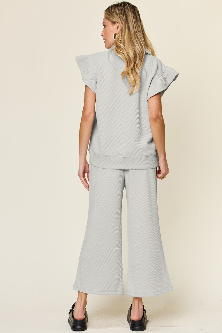 Trendsi Outfit Sets Double Take Texture Ruffle Short Sleeve Top and Drawstring Wide Leg Pants Set