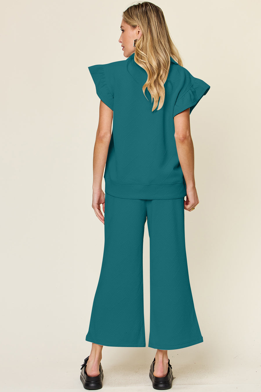 Trendsi Outfit Sets Double Take Texture Ruffle Short Sleeve Top and Drawstring Wide Leg Pants Set