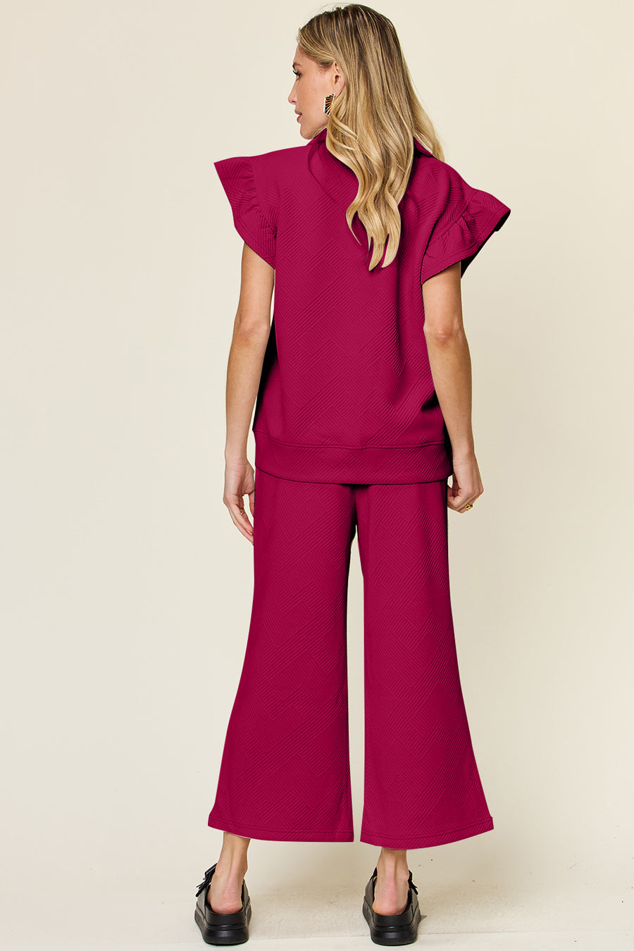 Trendsi Outfit Sets Double Take Texture Ruffle Short Sleeve Top and Drawstring Wide Leg Pants Set