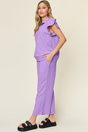 Trendsi Outfit Sets Double Take Texture Ruffle Short Sleeve Top and Drawstring Wide Leg Pants Set