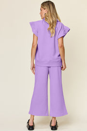 Trendsi Outfit Sets Double Take Texture Ruffle Short Sleeve Top and Drawstring Wide Leg Pants Set