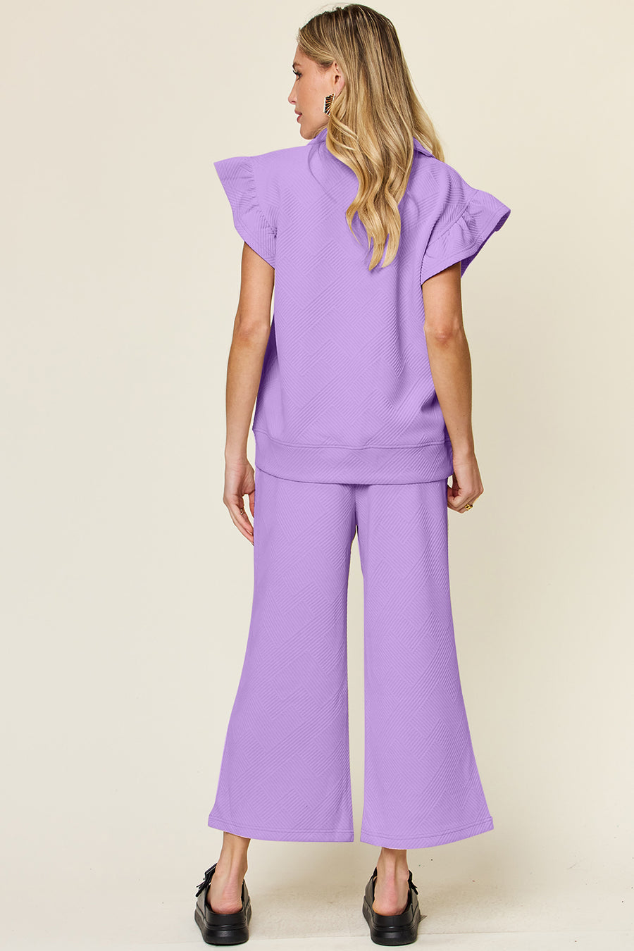 Trendsi Outfit Sets Double Take Texture Ruffle Short Sleeve Top and Drawstring Wide Leg Pants Set