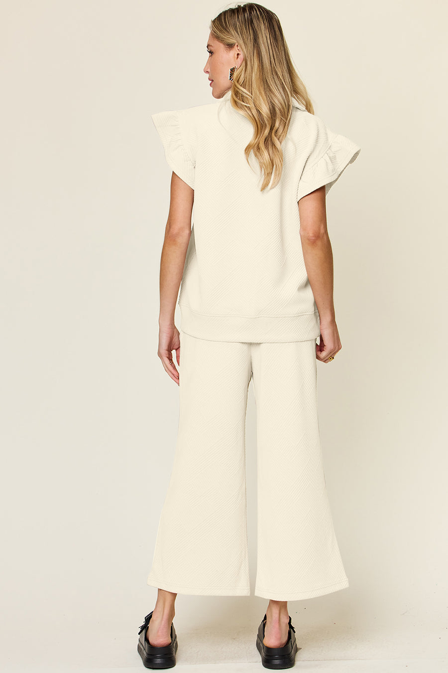 Trendsi Outfit Sets Double Take Texture Ruffle Short Sleeve Top and Drawstring Wide Leg Pants Set