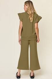 Trendsi Outfit Sets Double Take Texture Ruffle Short Sleeve Top and Drawstring Wide Leg Pants Set