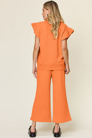 Trendsi Outfit Sets Double Take Texture Ruffle Short Sleeve Top and Drawstring Wide Leg Pants Set