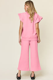 Trendsi Outfit Sets Double Take Texture Ruffle Short Sleeve Top and Drawstring Wide Leg Pants Set