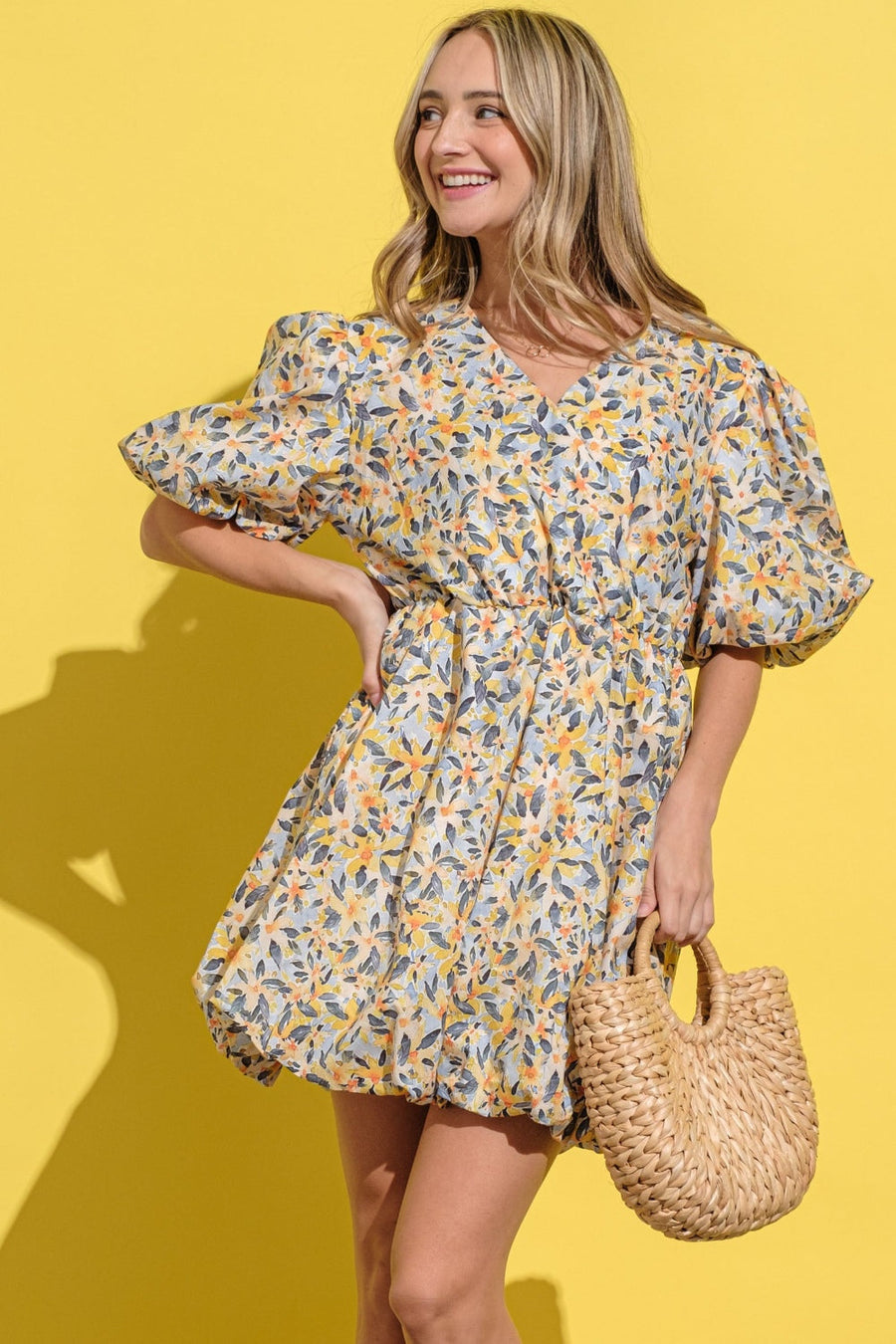 And The Why Floral Surplice Puff Sleeve Dress