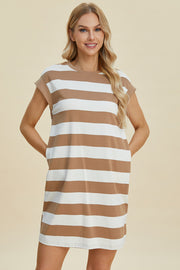 Trendsi Dresses Basic Bae Striped Round Neck Cap Sleeve Mini Dress