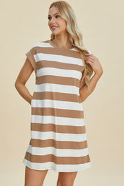 Trendsi Dresses Basic Bae Striped Round Neck Cap Sleeve Mini Dress