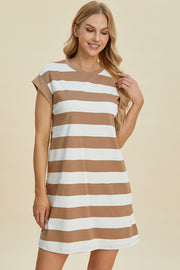 Trendsi Dresses Basic Bae Striped Round Neck Cap Sleeve Mini Dress